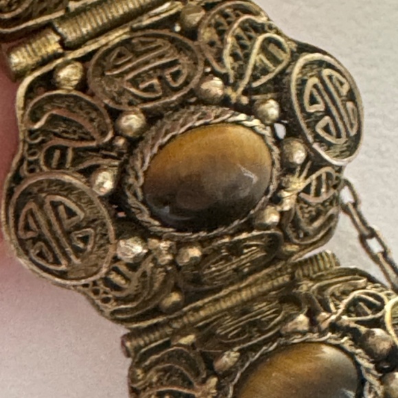 Vtg Chinese Export Bracelet Tiger's Eye Cabochon Silver Gilded Vermeil Filigree - Picture 16 of 16